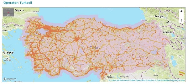 Phủ sóng của nhà mạng Turkcell